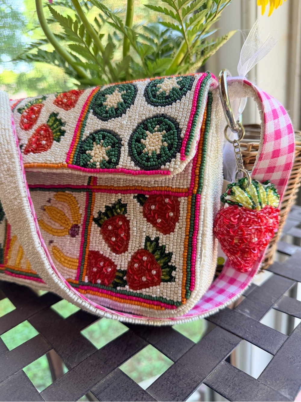 Viral Beaded Farmers Market TJ Maxx Bag NWT!  Pink Gingham Strap and charm - Picture 2 of 8